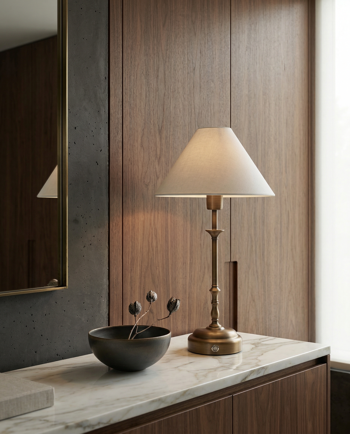 Portable Antique Bronze Table Lamp - Linen Shade