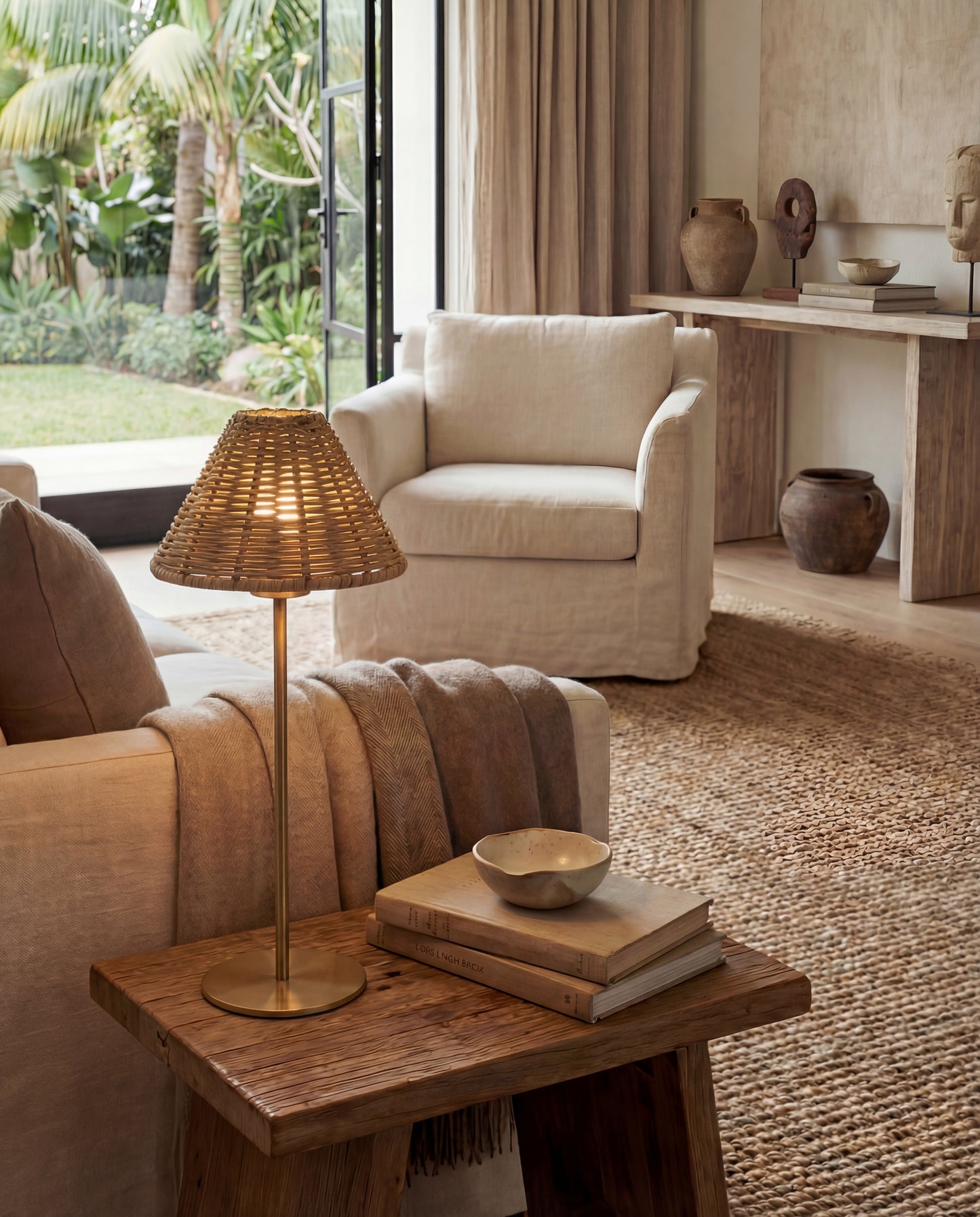 Portable Brass Table Lamp - Rattan Shade