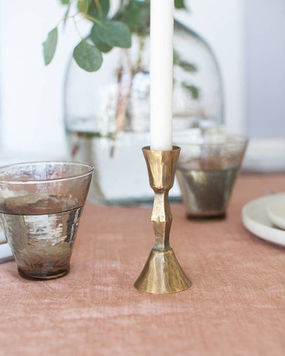 Low Diamond Hand-Forged Iron Candle Stand: Brass Finish