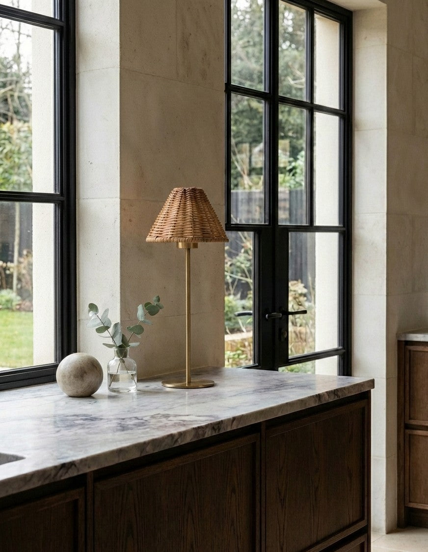 Portable Brass Table Lamp - Rattan Shade