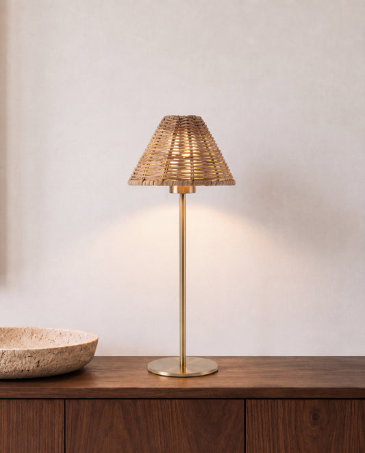 Portable Brass Table Lamp - Rattan Shade