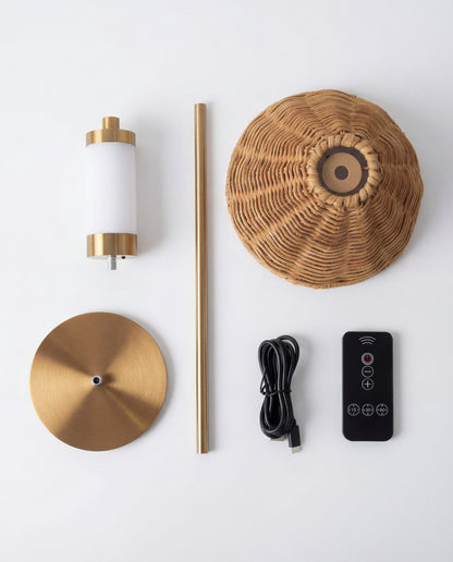 Portable Brass Table Lamp - Rattan Shade