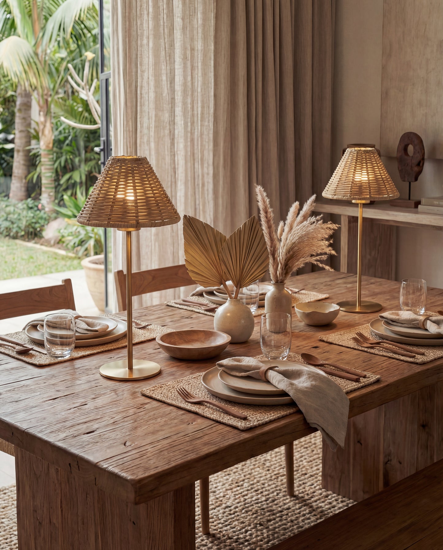 Portable Brass Table Lamp - Rattan Shade